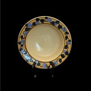 Handmade Studio Pottery Bowl Signed Blue Floral Rim Stoneware